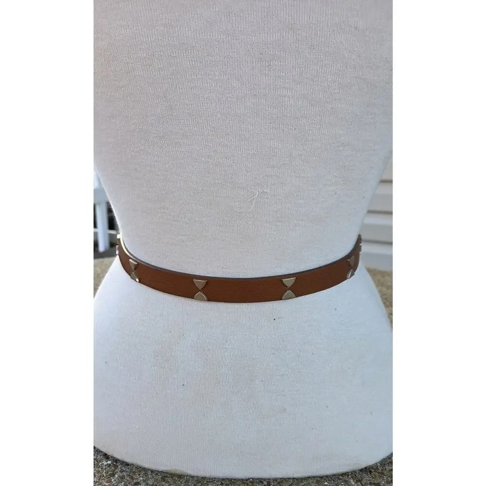 AllSaints Camel Studded Leather Belt Pebbled Thin Minimalist Moto Rocker